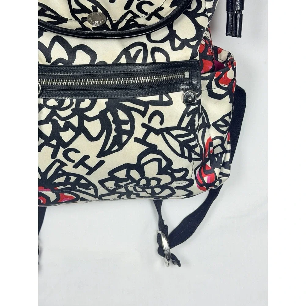 Coach Poppy Daisy Graffiti Backpack Floral Satin Black White Pink Travel Casual
